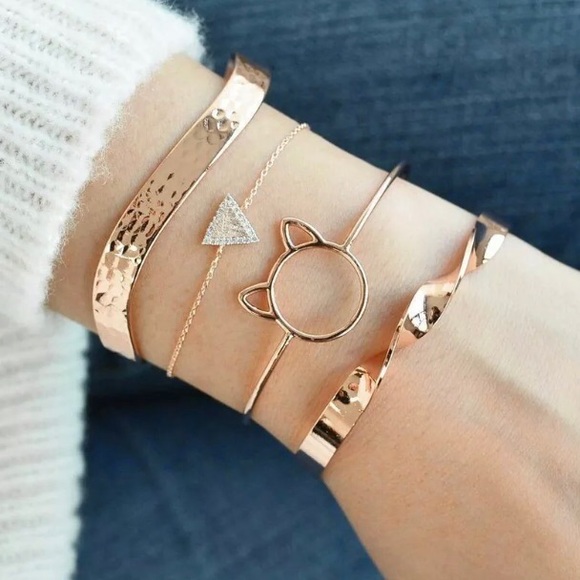 4 Piece Cat Ear Rhinestone Bangle Bracelet Set - Picture 1 of 3